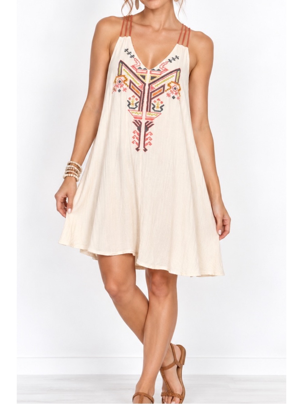 Flying Tomato mini sundress in cream with Aztec-inspired embroidery